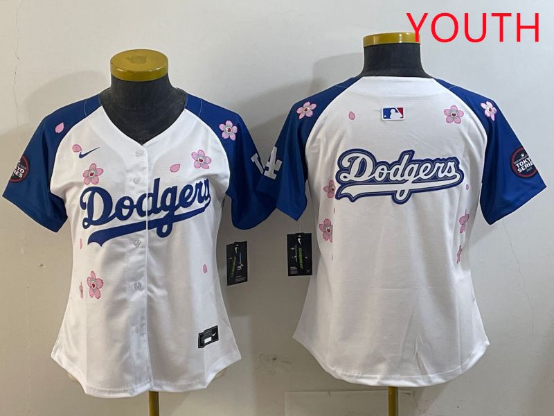 Youth Los Angeles Dodgers Blank White Blue Sakura Edition 2025 Nike MLB Jersey style 13->youth mlb jersey->Youth Jersey